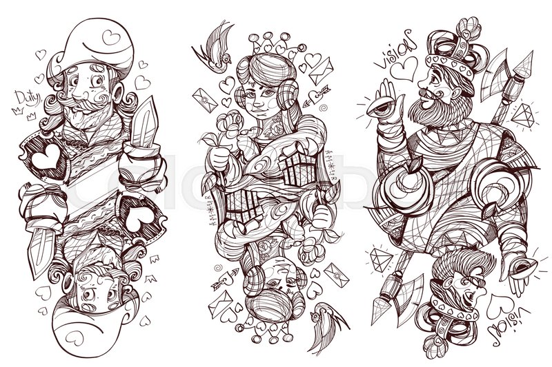 800x533 Black And White Sketch Of The Characters. King, Queen And Jack Of - Sketch Queen