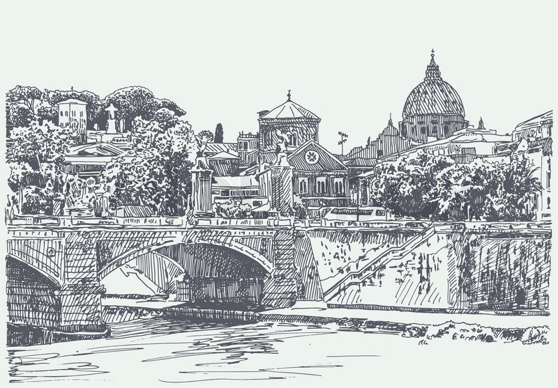 800x557 Original Sketch Drawing Of Rome Italy Cityscape, Type Of Bridge In - Sketch River