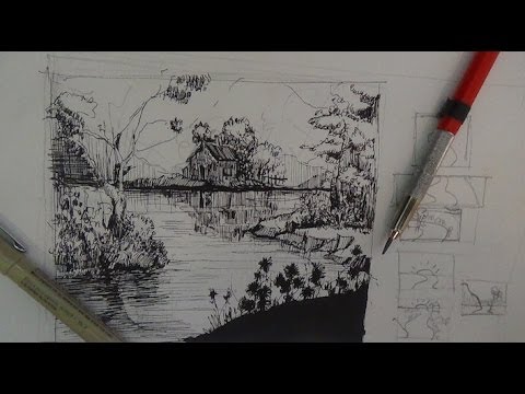 480x360 Pen Amp Ink Drawing Tutorials How To Draw A River Landscape Scene - Sketch River