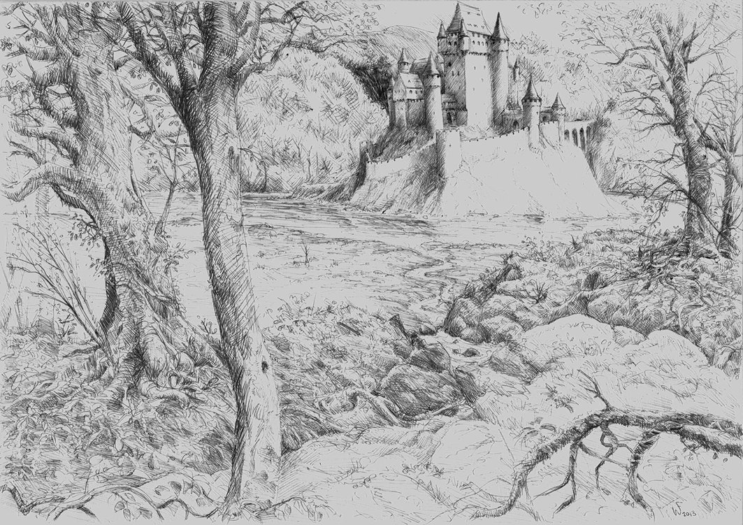 1063x751 Sketch Castle On The River By Woutart - Sketch River