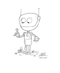 245x300 Original Cartoon Art Robot Holding Flower Sketch By Camilli Comic - Sketch Robot