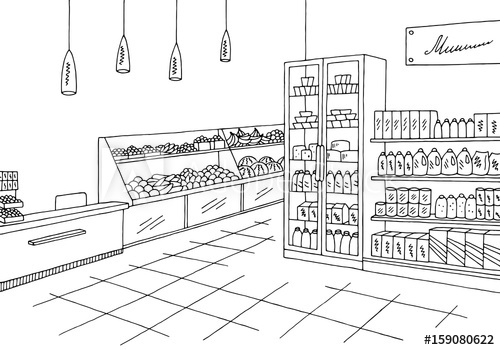 500x350 Grocery Store Shop Interior Black White Graphic Sketch - Sketch Shop