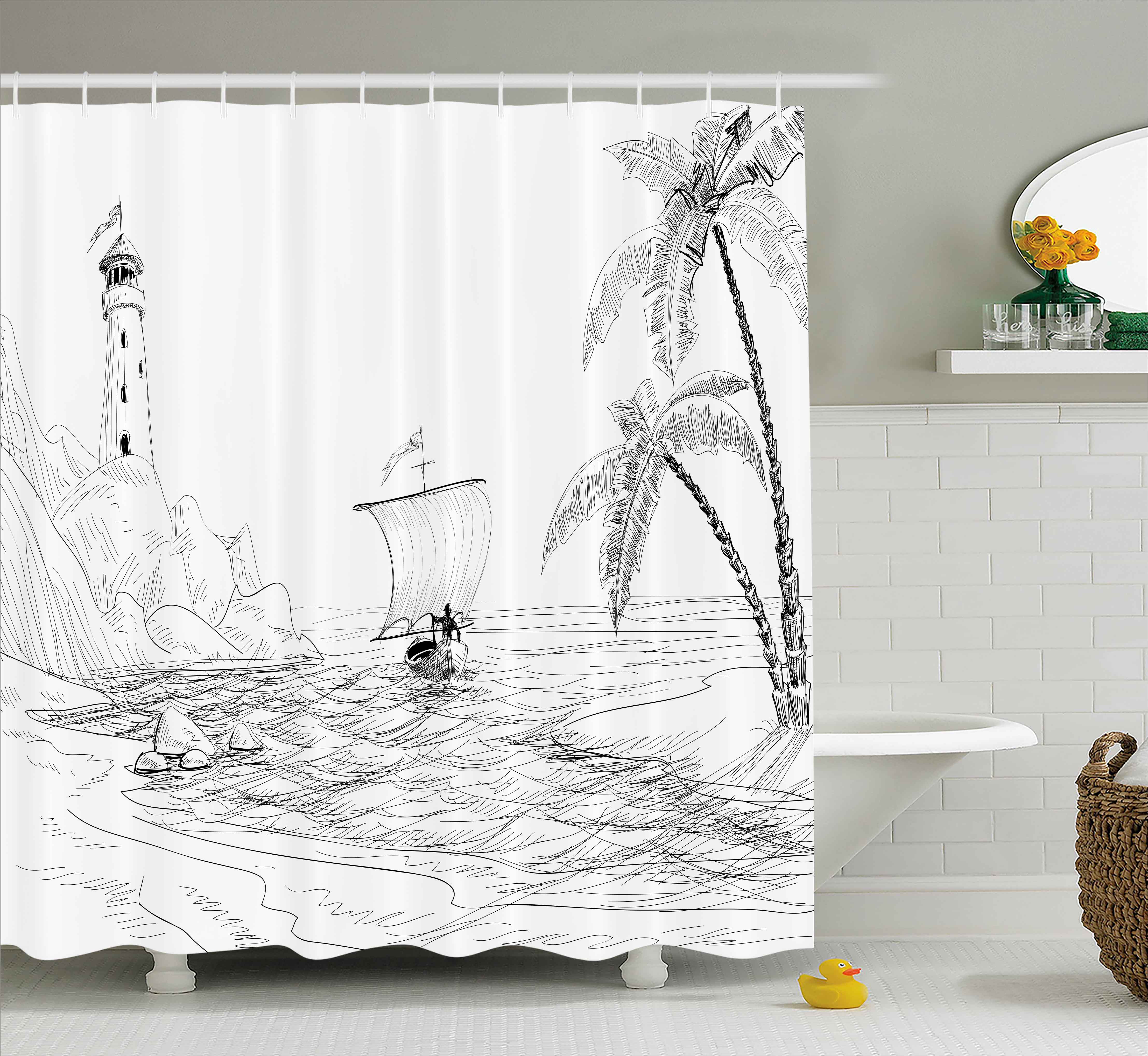 4429x4074 Beach Decor Shower Curtain, Seascape Sketch With Boat Palm Tree - Sketch Shower Curtain