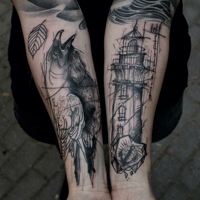 640x640 Sketch Style Black Ink Forearms Tattoo Of Lighthouse And Crow - Sketch Style Tattoo