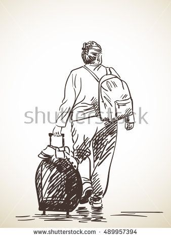 338x470 Sketch Of Woman Walking With Suitcase, Hand Drawn Illustration - Sketch Suitcase