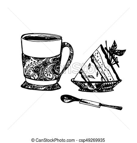 450x470 Sketch Of Food. Hand Drawn Sketch Of Tea Cup With Delicious - Sketch Tea Cup