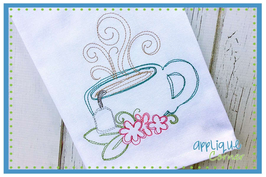 900x600 Applique Corner Tea Cup With Flowers Sketch Embroidery Design - Sketch Tea Cup