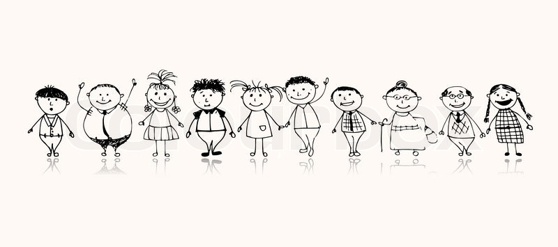 800x355 Happy Big Family Smiling Together, Drawing Sketch Stock Vector - Sketch Together