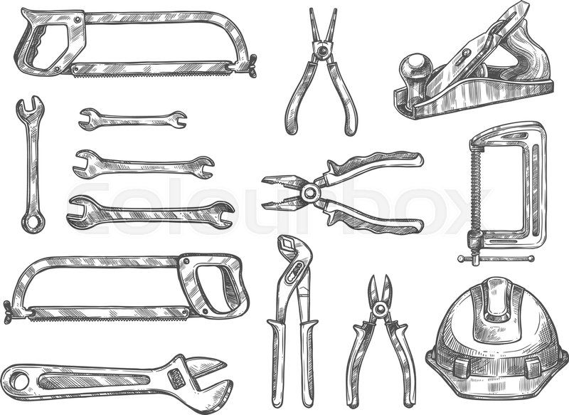 800x583 Construction And Repair Tool Sketch Set. Vector Spanner, Pliers - Sketch Tool