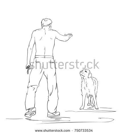 450x470 Vector Sketch Of Man Training His Dog, Hand Drawn Linear - Sketch Training