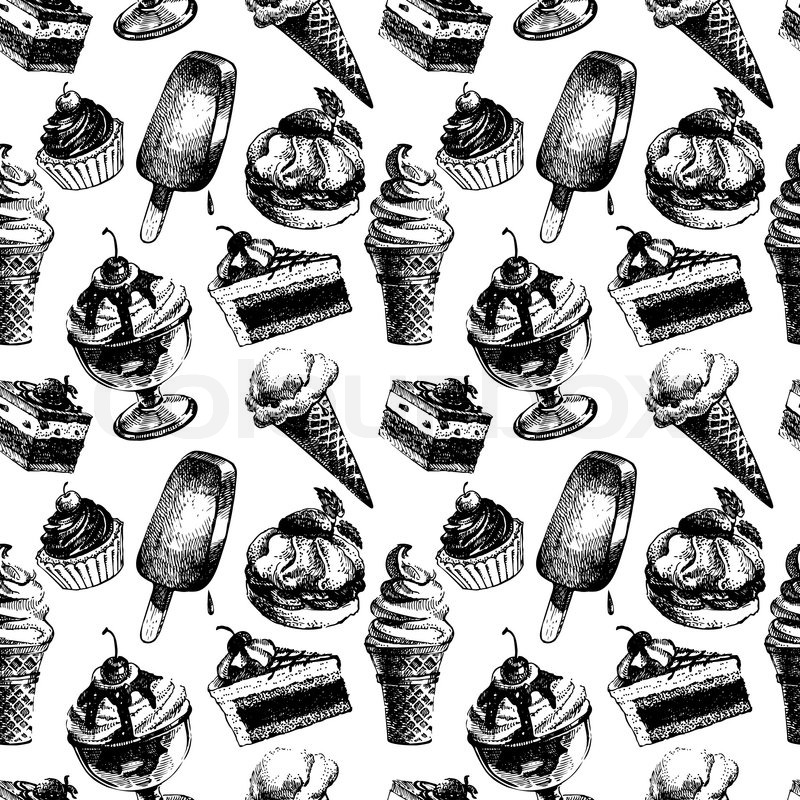 800x800 Seamless Pattern With Ice Cream And Cakes. Hand Drawn Sketch - Sketch Vector