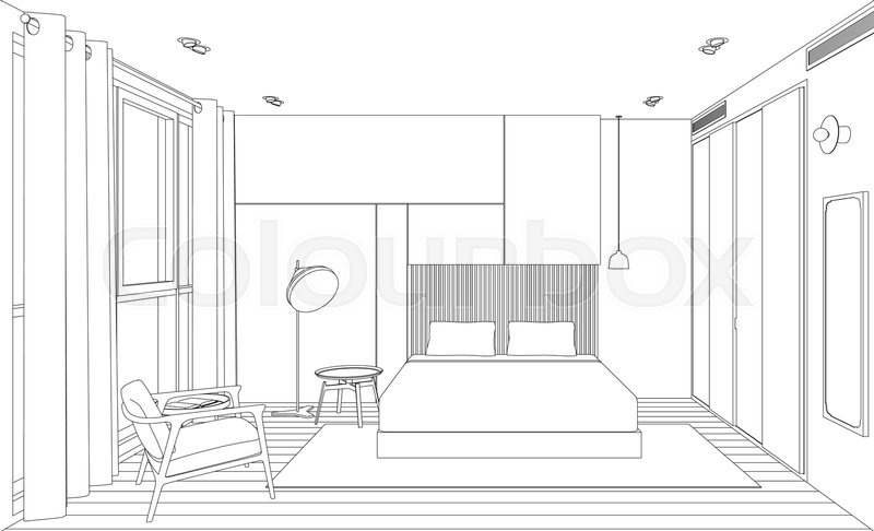 800x486 Line Sketch Of The Interior Bedroom. Perspective Sketch View Of - Sketch View