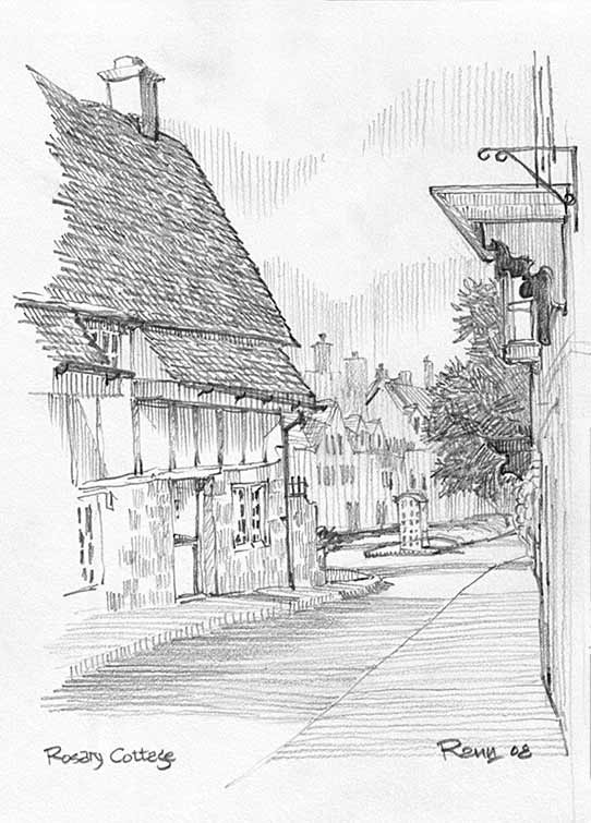 542x755 Rosary Cottage, Side Street View Pencil Sketch Rann Haight - Sketch View