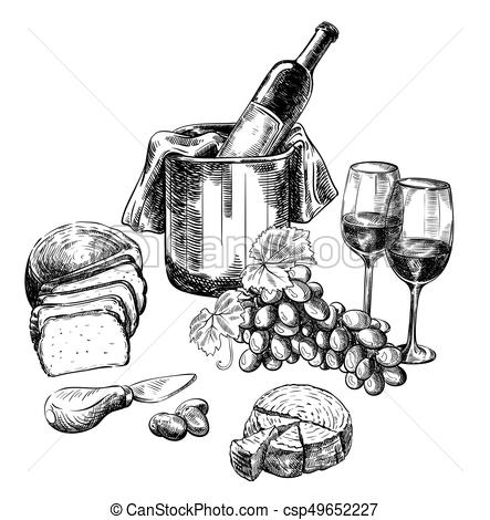 443x470 Red Wine Bottle And Snacks. Set Of Vector Sketches On White - Sketch Wine