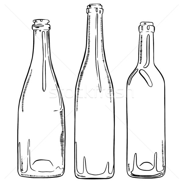 600x600 Set Of Sketch Empty Wine Bottles. Vector Hand Drawn Contour Of - Sketch Wine