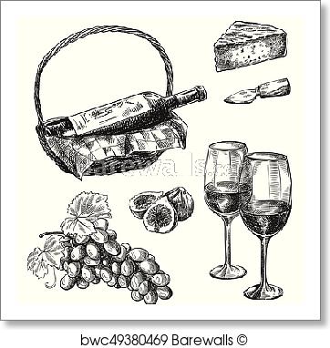 362x382 Art Print Of Red Wine Bottle And Snacks. Set Of Vector Sketches On - Sketch Wine