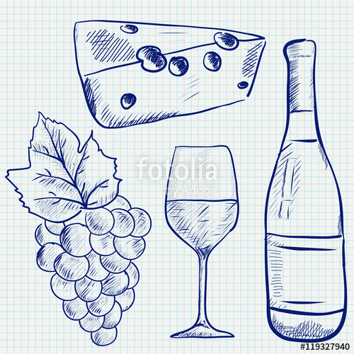 500x500 Wine Set Sketch. Wine Bottle, Glass, Grapes, Cheese. Hand Drawing - Sketch Wine