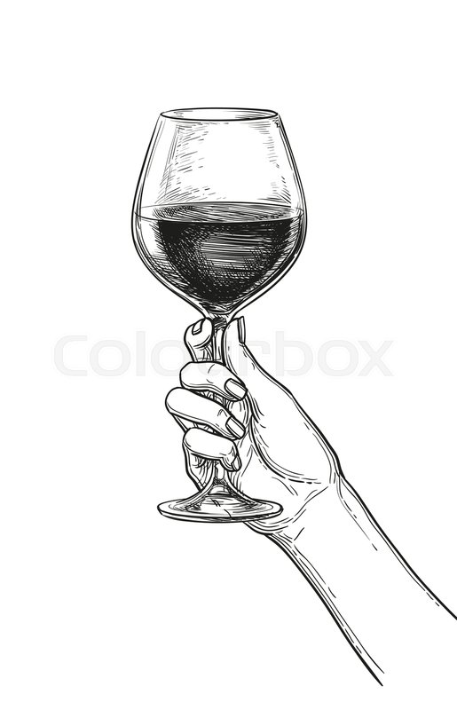 515x800 Hand Holding A Glass Of Wine. Ink Sketch Isolated On White - Sketch Wine