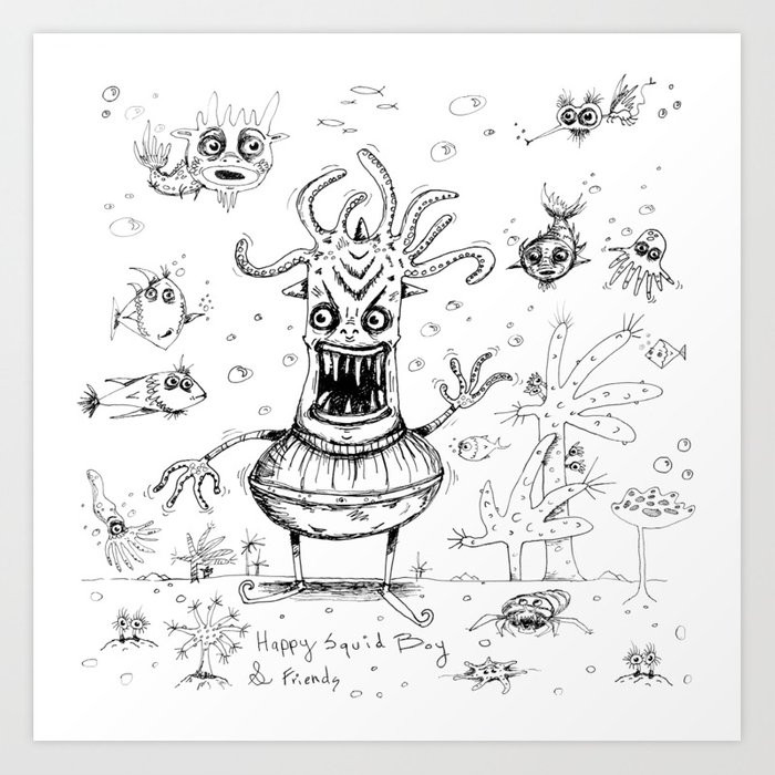 700x700 Happy Squid Boy And Friends Sketch Art Print By Amygale Society6 - Sketch With Friends