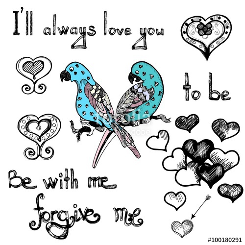 500x500 Love Doodle Set With Words, Lettering And Parrots. Vector Sketch - Sketch With Words