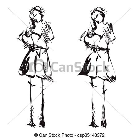 450x448 Fashion Models Sketch. Cartoon Girl In The Dress. - Sketch Woman Fashion