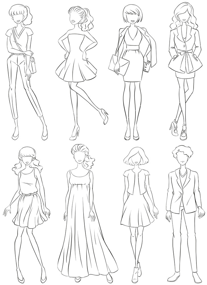 726x1000 Outline Sketch Of Women In Collection Of Fashion Clothes Royalty - Sketch Woman Fashion