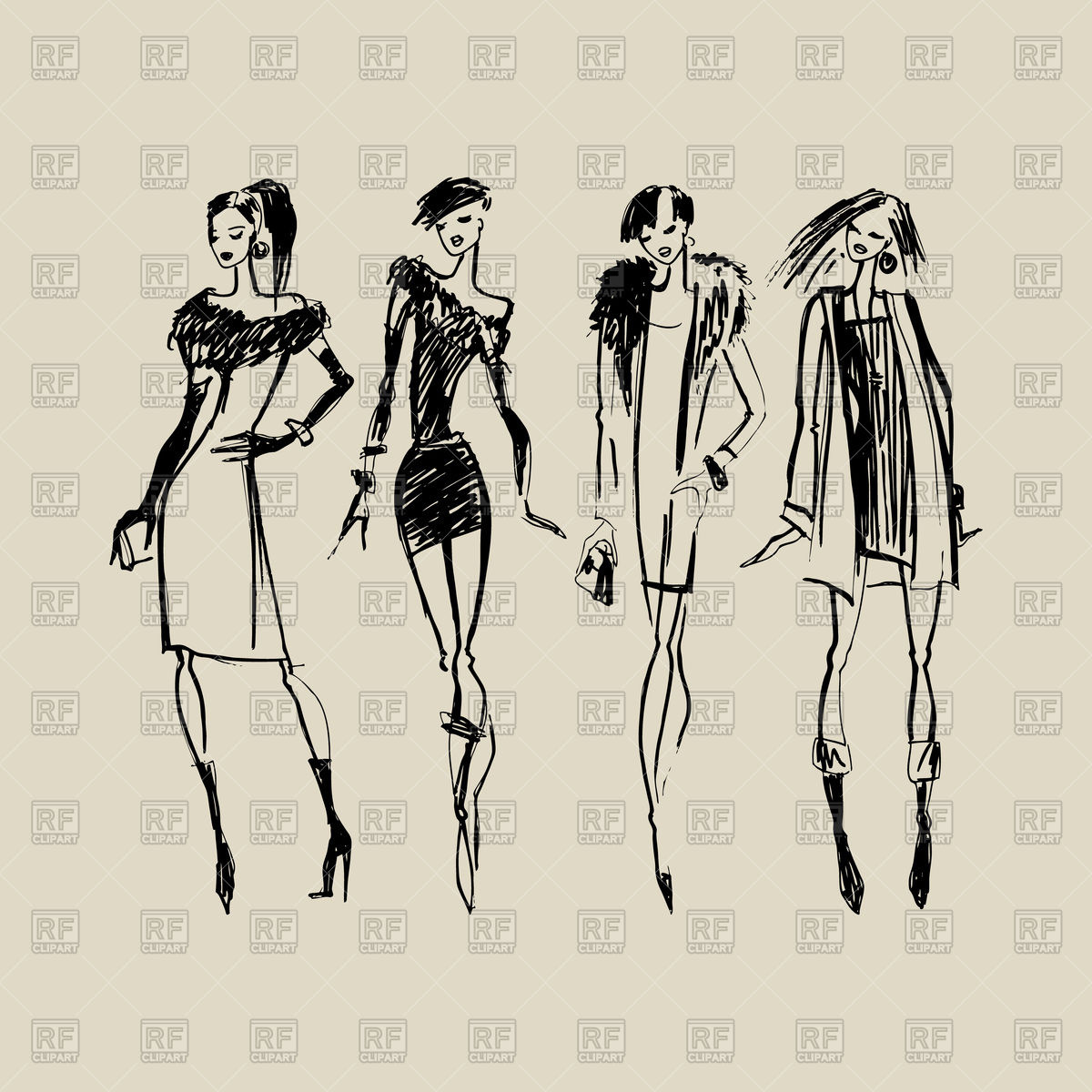 1200x1200 Beautiful Fashion Women In Hand Drawn Sketch Style Vector Image - Sketch Woman Fashion