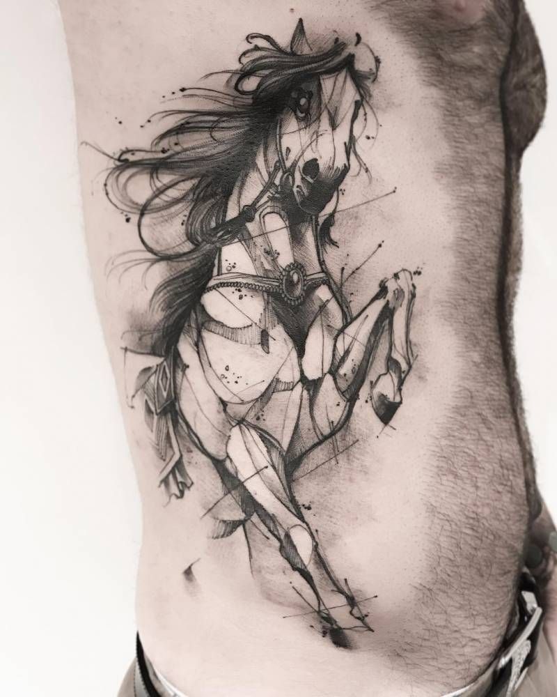 800x1000 Sketch Work Horse Tattoo On The Right Side. Side Tattoos - Sketch Work Tattoo