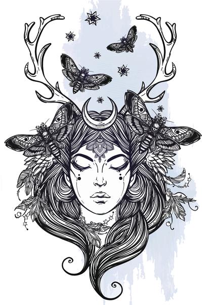 399x600 Pretty Zen Forest Fairy With Antlers And Moth Sketch Vinyl Decal - Sketch Zen