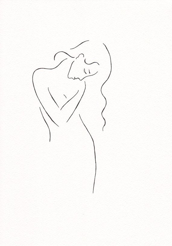 570x814 Ink Drawing. Black And White Girl Sketch. Minimalist Line Art - Sketches In Black And White