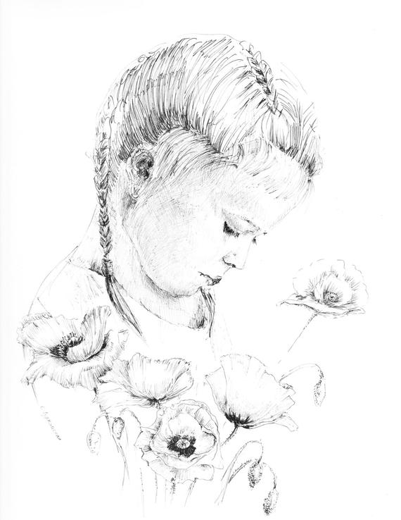 570x738 Little Girl Drawing Of Children Pen And Ink Sketches Etsy - Sketches Of Children
