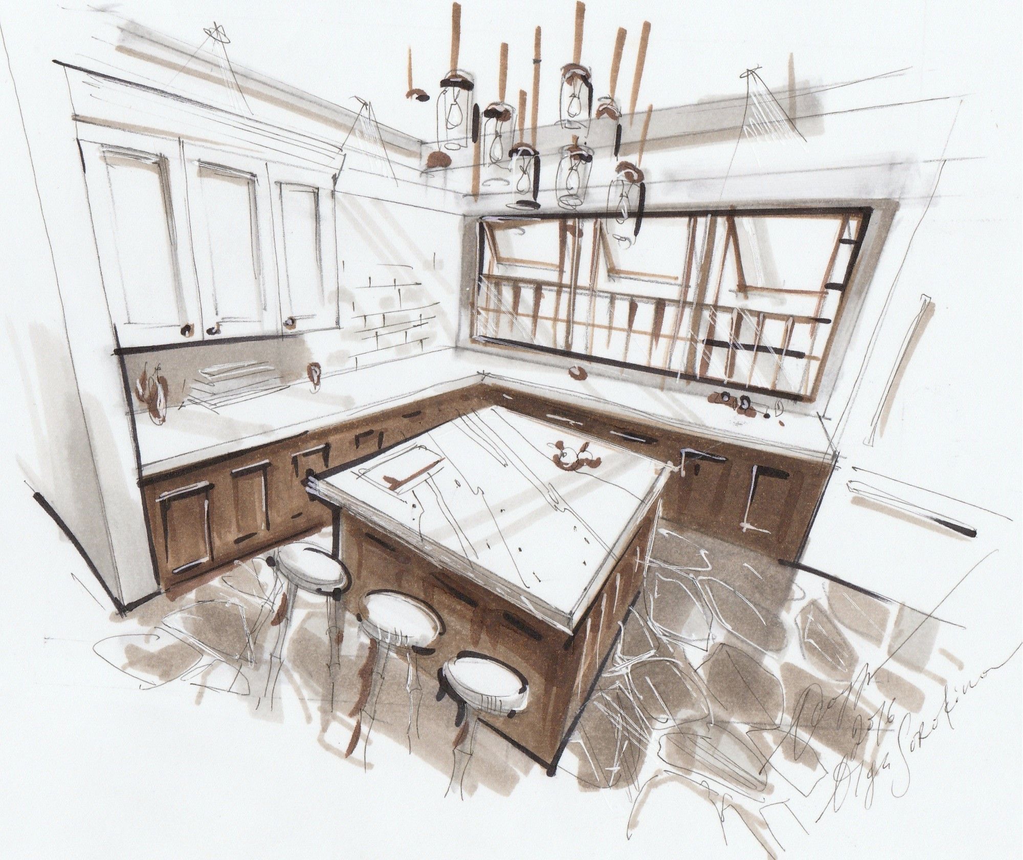 2000x1680 Sketch Of A Kitchen Room In 3 Point Perspective (4 Video Lessons - Sketching With Markers