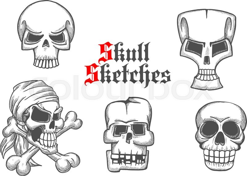 800x571 Skeleton Skulls Pencil Sketch Icons. Abstract Shapes Of Cranium - Skull And Crossbones Sketch