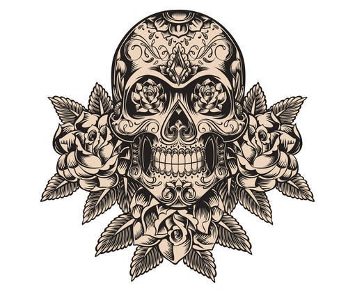 500x418 Skull And Roses Sketch Vector Art 3.5 Inch Sticker Vinyl Decal - Skull And Rose Sketch