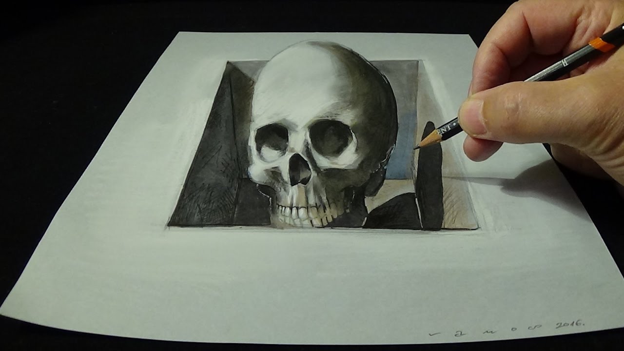 1280x720 Drawing Skull From The Hole, Trick Art 3d - Skull Art Sketch