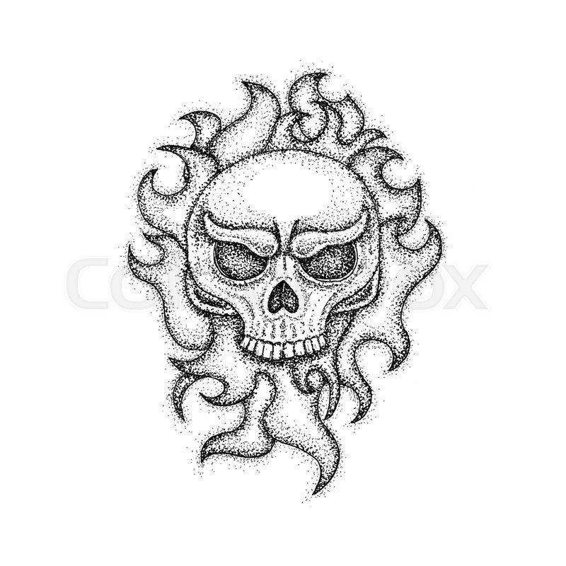 800x800 Human Skull With Fire Flame Dotwork. Raster Illustration Of Boho - Skull On Fire Sketch