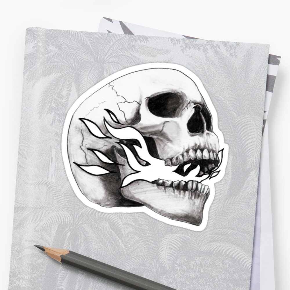 1000x1000 Fire Breathing Skull Stickers By Tsudo Redbubble - Skull On Fire Sketch
