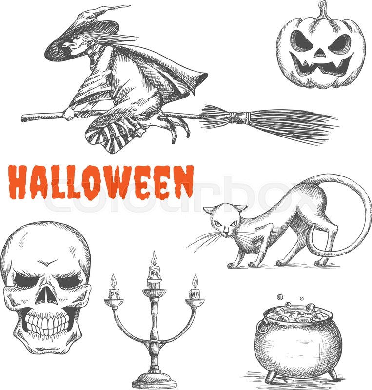 763x800 Halloween Witch Flying On Broom, Scary Pumpkin With Fire Eyes - Skull On Fire Sketch