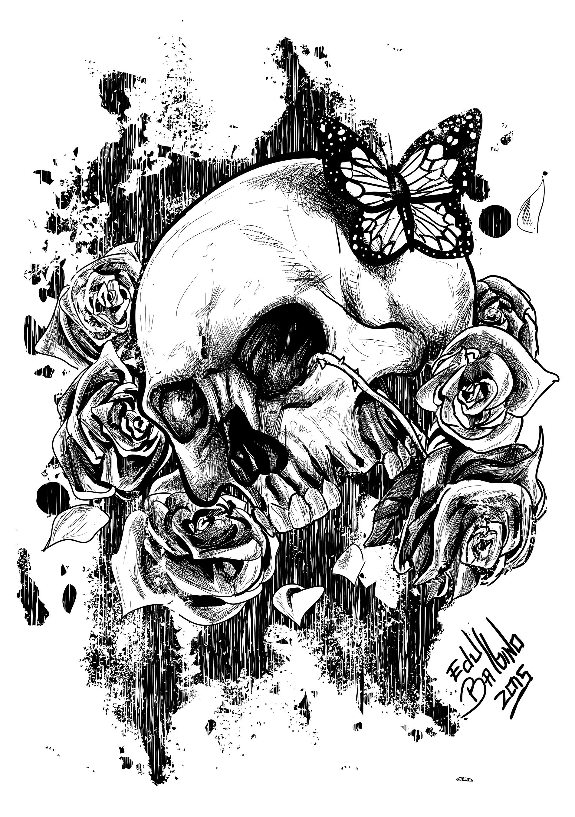 1900x2696 Skull And Roses - Skull Rose Sketch