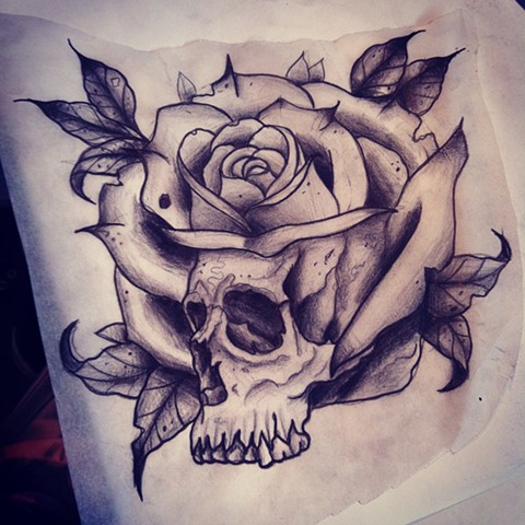 480x480 Crimson Empire Tattoo - Skull Rose Sketch