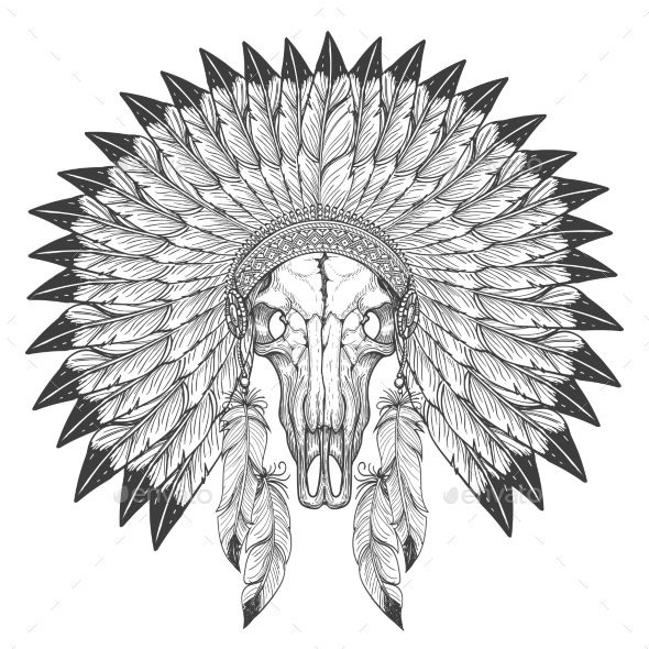 590x590 Buffalo Skull Sketch With Feather Headdress By Vectortatu - Skull Sketch