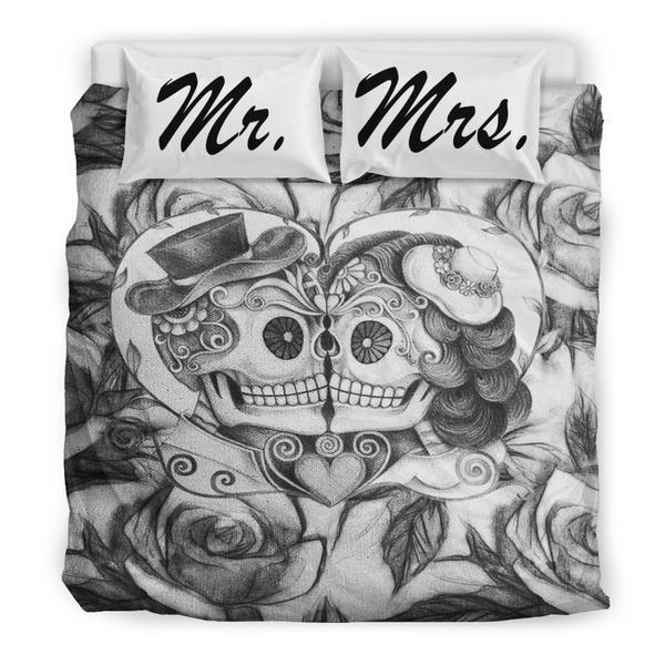 600x600 Pencil Sketch Rose Kissing Mr Amp Mrs Sugar Skull Bedding Set - Skull Sketch Images