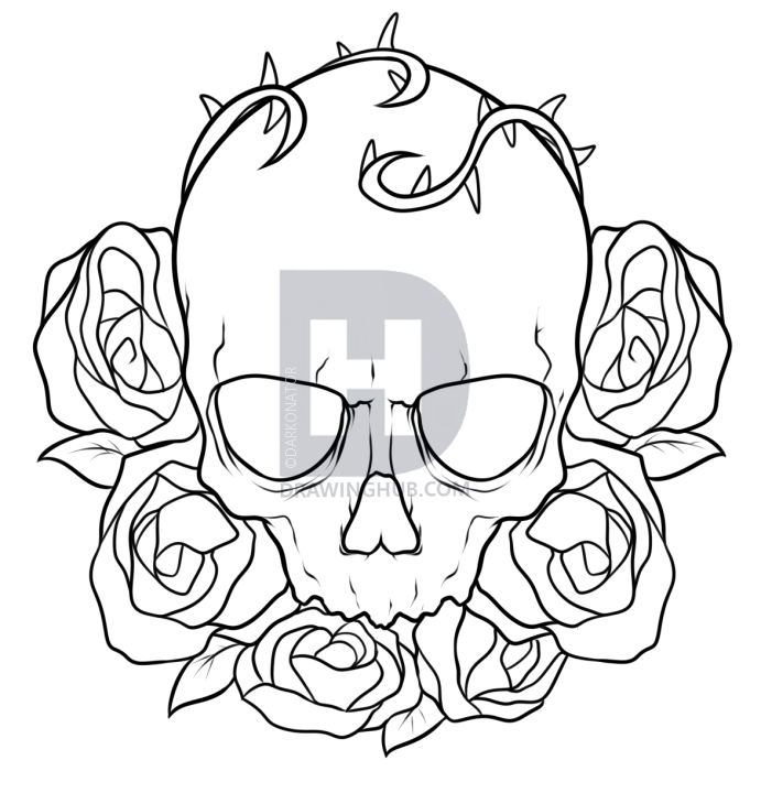 691x720 How To Draw A Skull And Roses Tattoo, Step By Step, Drawing Guide - Skull Sketch Step By Step