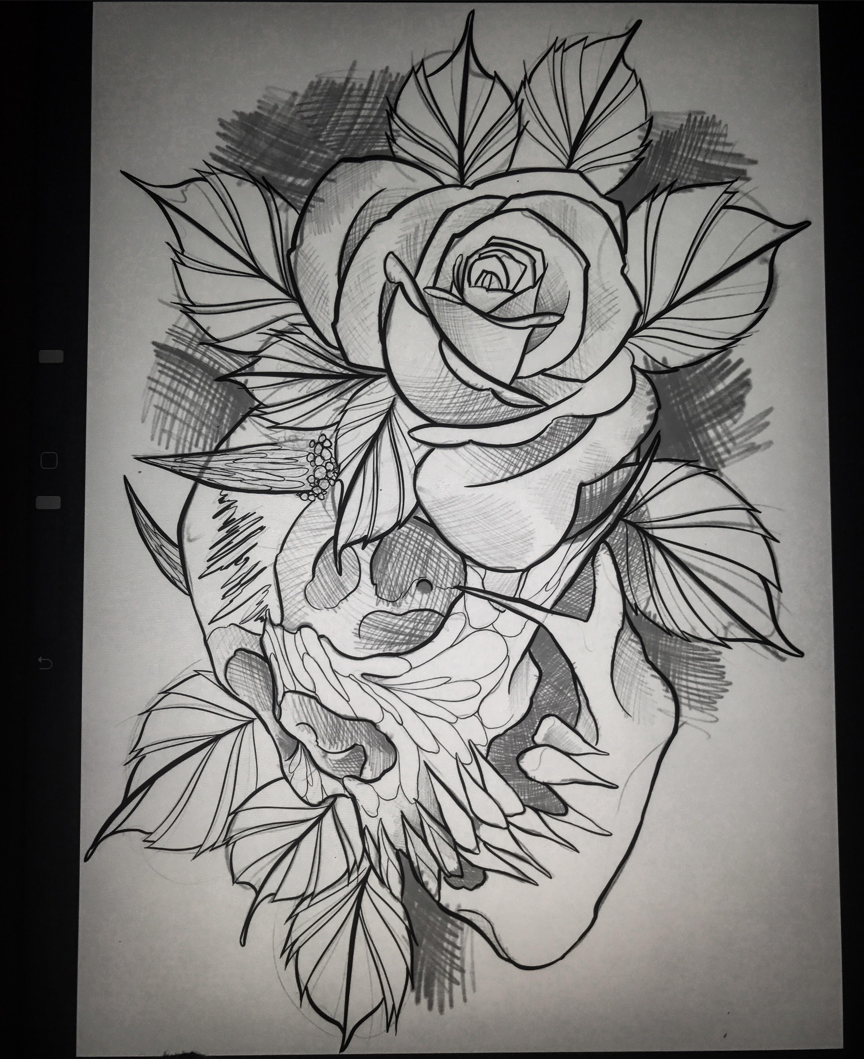 3024x3709 Little Classic Skull And Rose Sketch Drawing - Skull With Rose Sketch
