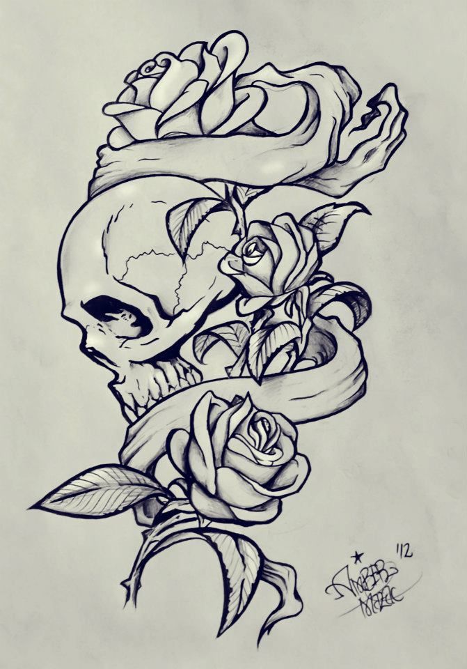 671x960 Rose Banners And Skull Rose Reference Tattoos - Skull With Rose Sketch