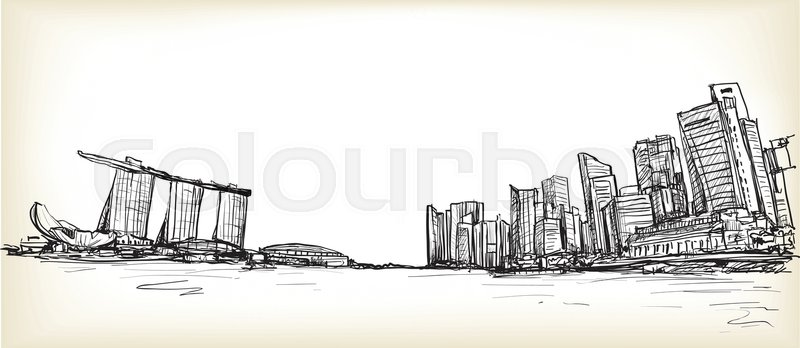 800x348 Sketch City Scape Of Singapore Skyline With Marina Bay And - Skyline Sketch