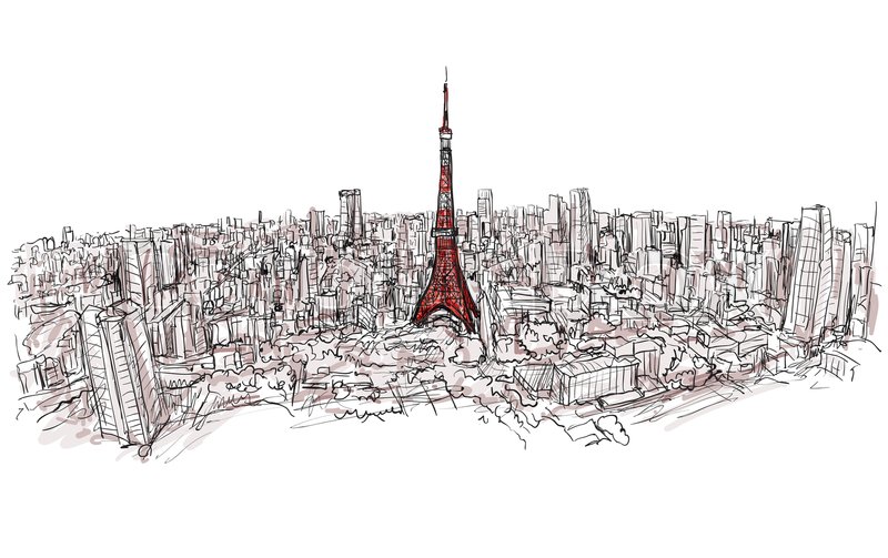 800x503 Sketch Of City Scape Tokyo Tower With Building Skyline, Free Hand - Skyline Sketch