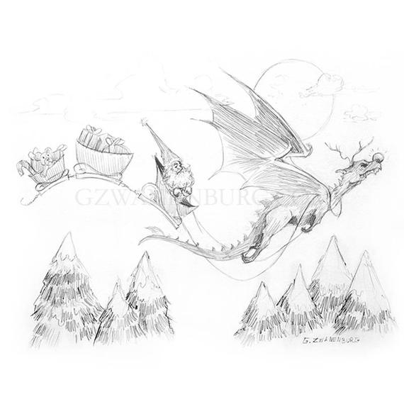 570x570 Original Gnome Sketch Santa Dragon Sled Etsy - Sled Sketch