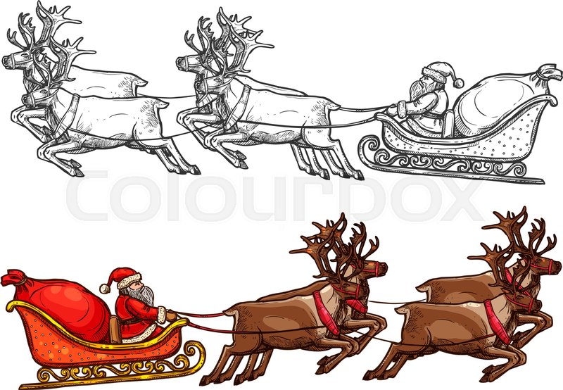800x554 Christmas Santa Riding On Sleigh With Reindeer And Big Gift Back - Sled Sketch