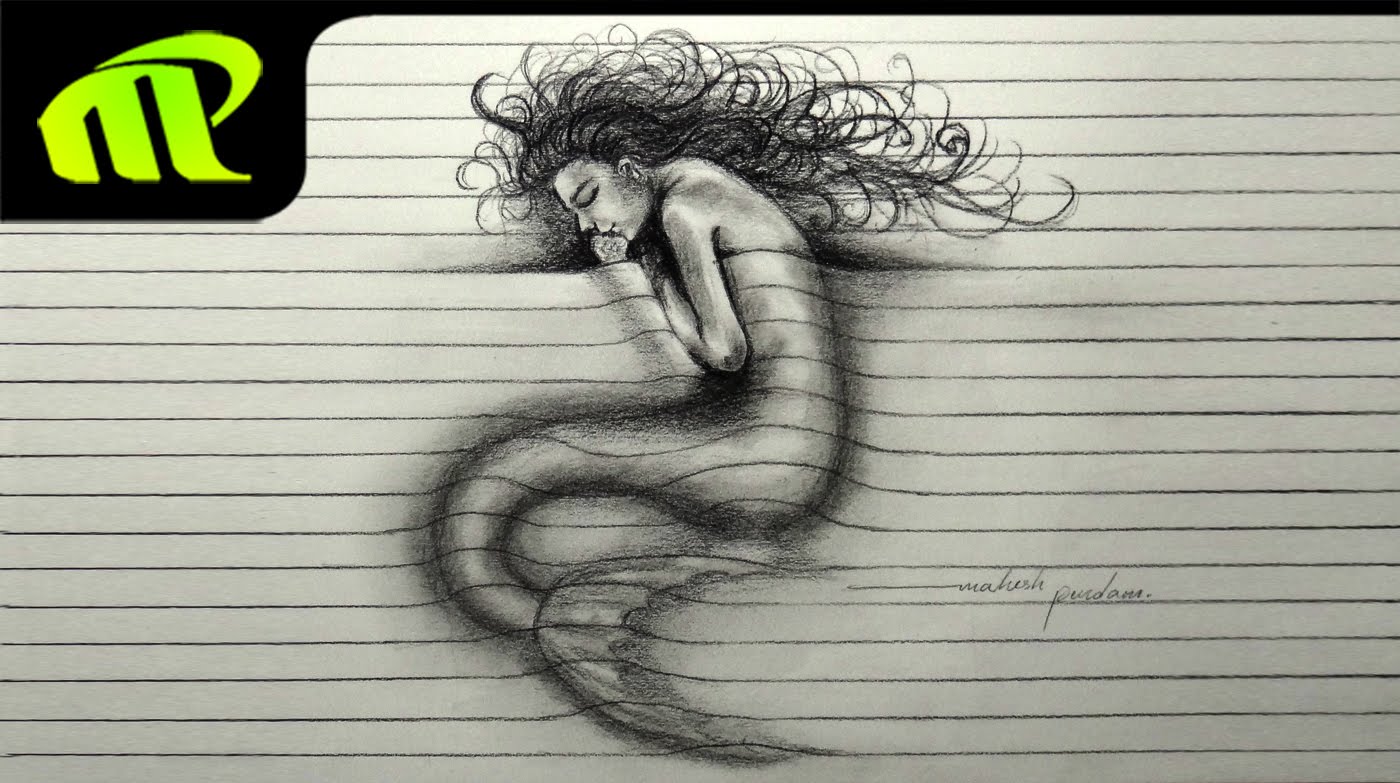 1400x783 3d Paper Illusion Sleeping Mermaid Drawing Trick Art - Sleeping Girl Sketch
